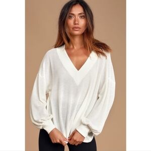 Lulus Women's White Personal Record V-Neck Knit Sweater Balloon Sleeve Sz Large
